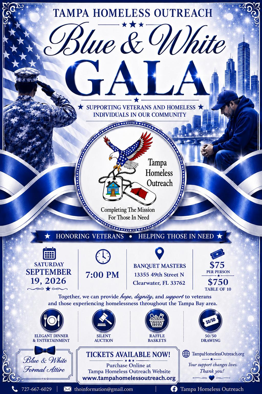 Tampa Homeless Outreach Blue and White Gala flyer